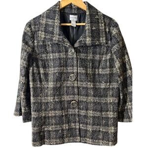 CHICO'S Women's Blazer Jacket Sz 2 LARGE Black Tan Plaid Gold Lace Overlay